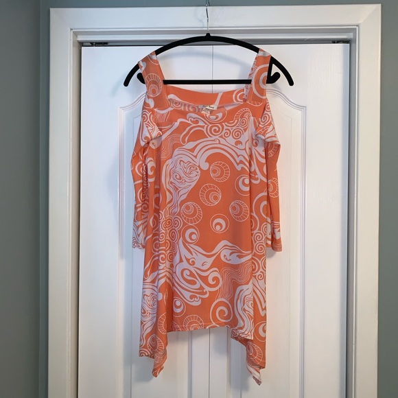 SEVEN KARAT 2X Cold Shoulder Plus Size Shirt summer  peach & white - Picture 7 of 9